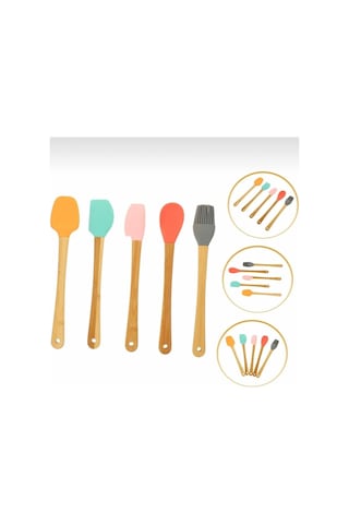 5 Li Renkli Bambu Saplı Silikon Küçük Boy Spatula Seti Kahverengi