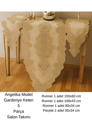 Salon Takımı 5 Parça Keten Dantelli Masa Örtüsü Runner Seti Angelika Model 236- Simli Gold - 150 X 6 Çok Renkli