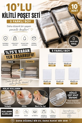 Valiz Ve Dolap İçi Düzenleyici Buzlu Fermuarlı Poşet Torba 5 Farklı Ölçü Her Ölçüden 2'şer Adet -toplam 10 Parça Şeffaf