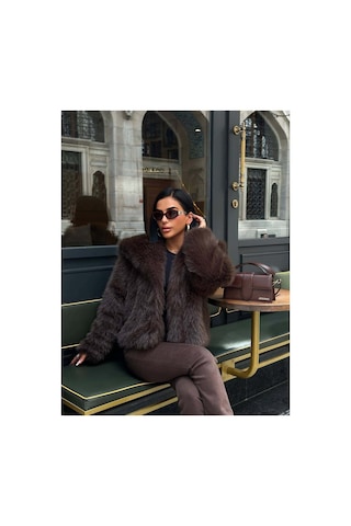 Glammoss L'atelier Kabarık Yaka Kürk Ceket Glm-579 Kahverengi Kahverengi