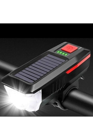 Su Geçirmez Güneş Enerjili Led Işıklı Bisiklet Farı - Kornalı Usb Ile Şarj Edilebilir Fener - 11 Cm