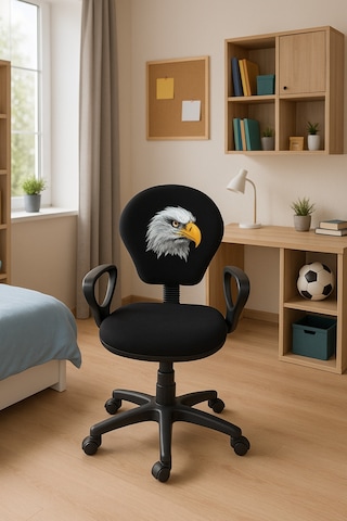 Kara Kartal Desenli Taraftar Baskılı Çocuk Odası Ders Çalışma Ofis Koltuğu Bilgisayar Sandalyesi Siyah