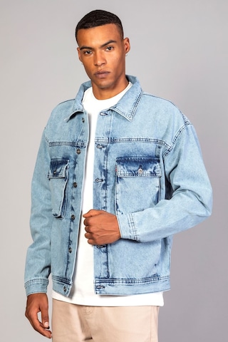 Erkek Buz Mavisi Körüklü Cep Oversize Kot Ceket Buz Mavi