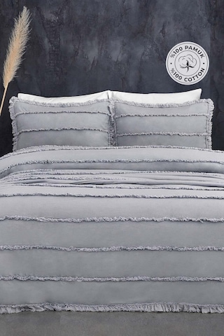 Evlen Home Pamuklu Echos Yatak Örtüsü Takımı Günlük Çift Taraflı Kişilik 3 Parça Dolgulu El İşi Gri