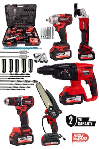 Kimmeer Plus KMP2026K5S Profesyonel 21V Matkap + Hilti + Taşlama + Somun Sıkma + Testere 5'lı Set Kırmızı