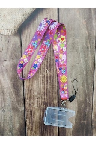 Kır Çiçekleri Pembe Kart Askısı Yaka Kartı Boyun Askı İpi Telefon Askısı Yatay Dikey Kart Koruyucu
