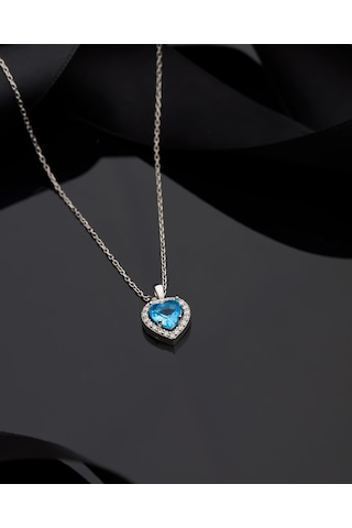 925 Ayar Akuamarin Taşlı Rodyum Pırlanta Görünümlü Kalp Gümüş Kolye Gümüş - Rodyum