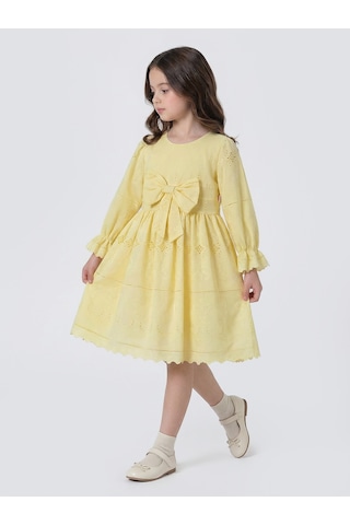 Pina Kids Kız Çocuk Uzun Kollu Önü Kurdelalı Fisto Elbise Sarı