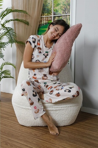 Mh Moony Homewears Magic World Kısa Kol Pamuklu Pijama Takımı Krem