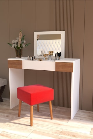 Tocco 1080 Pınar Aynalı Puflu Çekmeceli Lüx Makyaj Masası-beyaz Meşe