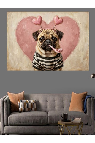 Kalp Balonlu Sevimli Pug Köpeği Dekoratif Kanvas - Mdf Ahşap Tablo