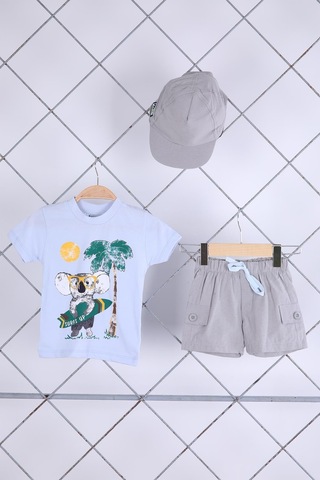 Babyhola 3'lü Tişört Keten Şort Şapka Erkek Bebek Çocuk Bayramlık Alt Üst Takım Elbise 02101 Mavi