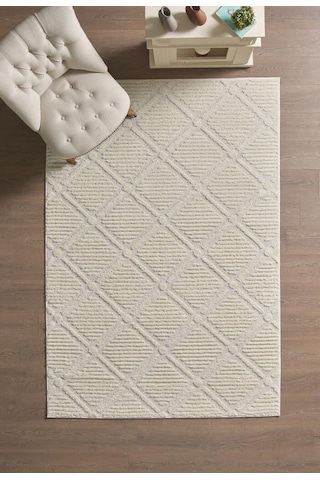 Yumuşak Peluş Tüylü İskandinav Desenli Kabarık Bukleli Krem Renkli Halı
