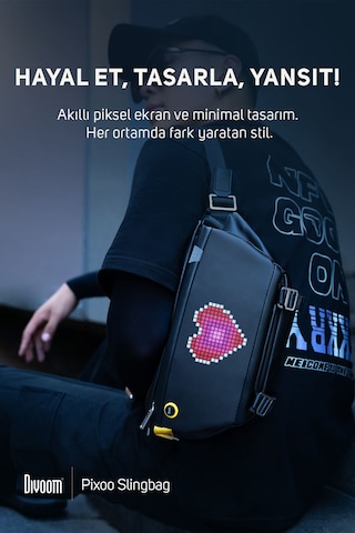 Divoom Pixoo Slingbag Siyah LED Ekranlı APP Kontrollü Su Geçirmez Bel Çantası- Çapraz Çanta Siyah