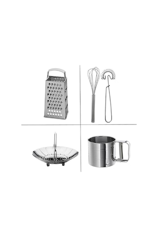 4 Lü Set, Idealısk Rende 2'li Çırpıcı Seti Idealısk Un Eleği Klockren Buharda Sebze Haşlama Gri