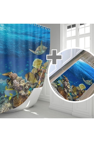 Zethome Aquarium Banyo Paspas ve Tek Kanat Duş Perdesi 1x180x200 Mavi