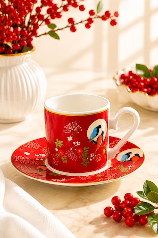 2 Kişilik Porselen Lovelybirds Kırmızı Yeşil Özel Tasarım Kahve Fincan Takımı Seti 90ml Kırmızı - Yeşil