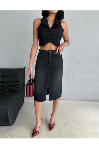 Zeo Basic Yırtmaçlı Midi Boy Likralı Jean Etek Siyah