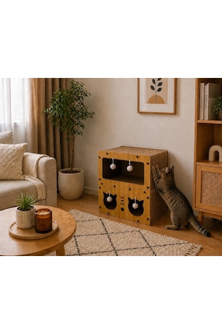 Pureza Ahşap Kedi Evi & Karton Tırmalama Alanı