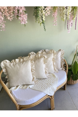 Keten, Bohem, Fırfırlı, Vintage, 4'lü Kare Kırlent Kılıfı Naturel