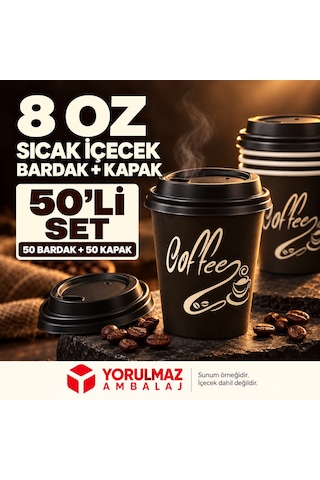 8 Oz Kapaklı Karton Bardak 50 Adet Sıcak İçecek Uyumlu Tek Kullanımlık Kağıt Bardak 40