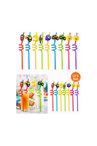 12'li Figürlü Renkli Eğlenceli Spiral Pipet