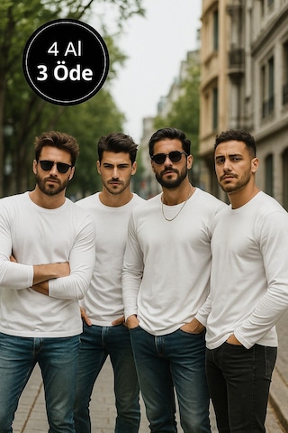 Rich Erkek Beyaz 4'lü Paket Basic Uzun Kollu Tişört Sporcu Body T-shirt Beyaz