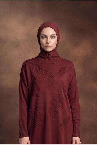 Armine Trend Yaprak Desenli Bisiklet Yaka Uzun Kollu Fitilli Detaylı Tunik Bordo 26ktd408