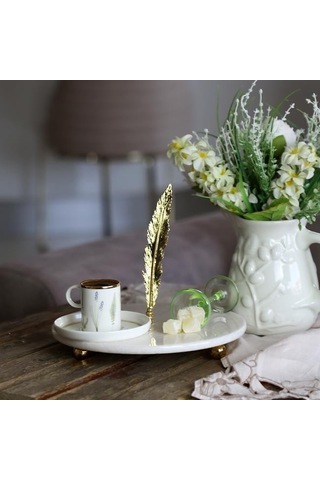 Akayev Mermer Beyaz 28 Cm Altın Boncuk Ayaklı Uzun Tüy Sunum Tabağı Beyaz