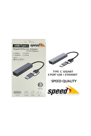 Uet01 10-100-1000 Usb - Type C 3 Port Usb 3.0 Çoklayıcı Gigabit Ethernet Çevirici