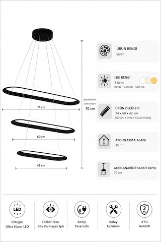 AvizeGO Elipso 3'lü Led Sarkıt Avize 3 Renk Kumandalı Siyah