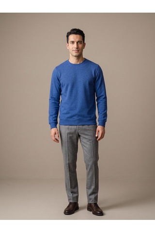 Maccali Erkek Saks Selanik Bisiklet Yaka Sweatshirt Saks Mavi