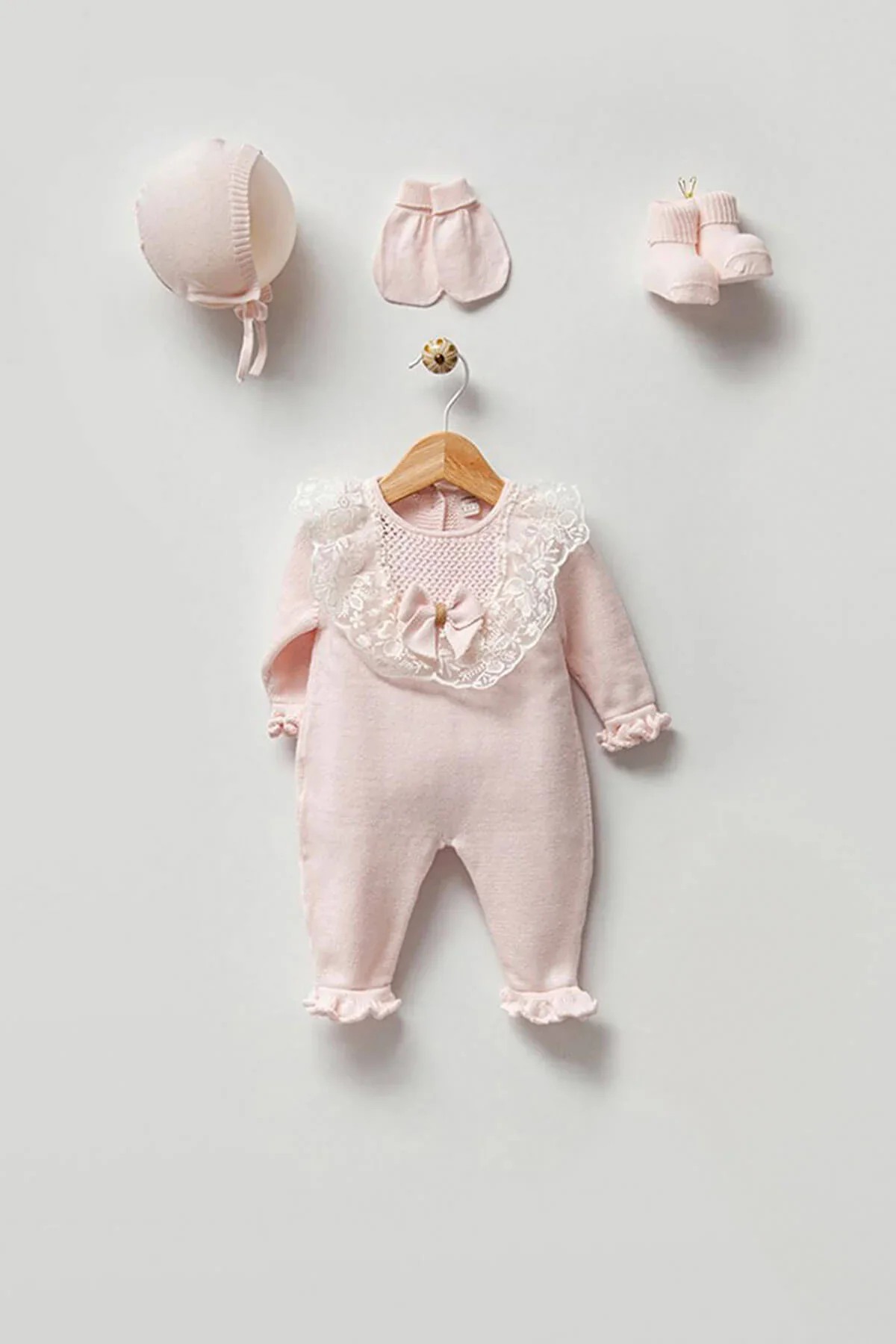 Momercy Dantelli Fiyonk Detaylı Kız Bebek Triko Hastane Çıkışı Beşli Set Pembe