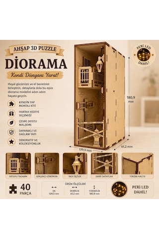 Algwooddesign Diorama Ahşap Maket, 40 Parça Dıy Minyatür Şehir Sokağı Dioraması, Peri Led Dahil, Mdf 3d Puzzle, Book Nook Ve Dekorasyon Seti, 13,95 X 6,12 X 18,09 Cm