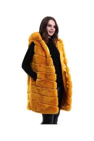 Buğrahayalin Kapşonlu Peluş Kürk Yelek Premium Kalite, Tam Astarlı, Uzun Model - Sarı Sarı