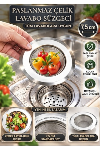 Tüm Lavabolara Uygun Paslanmaz Çelik Lavabo Süzgeci 7,5 Cm Süzgeç