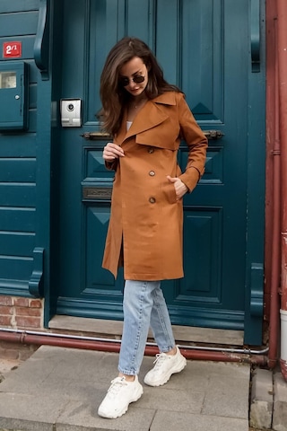 Pastelastore %100 Pamuk Gabardin Midi 95cm Astarlı Kemerli Kadın Trençkot 1113 Taba