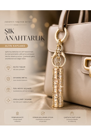 Lüks Taşlı Silindir Anahtarlık Ve Çanta Aksesuarı - Altın Kaplama Premium Hediye Sarı