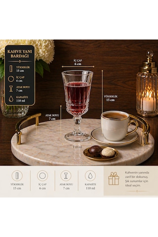 6 Lı Kahve Yanı Cam Bardak Ayaklı Meşrubat Bardağı Şık Sunumluk 110 Ml Şeffaf
