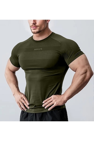 Ghassy Co. Erkek Nem Emici Hızlı Kuruyan Renk Solmayan Atletik Teknik Fitness Spor T-shirt Haki