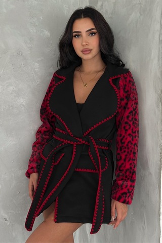 Femelle Kadın Bordo Leopar Desen Kolları Kürk Kemerli Nakış İşlemeli Kaşe Kaban