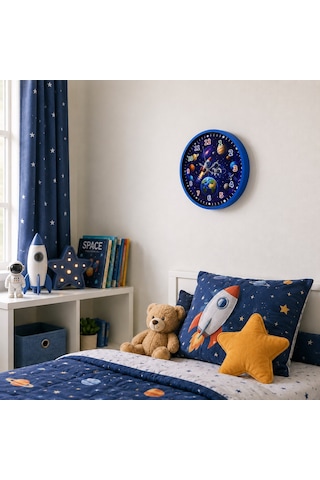 Galaksi Macerası 36 X 36 Cm Mavi Çocuk Duvar Saati Renkli