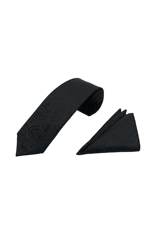 Brianze Siyah Şal Desen Kravat Mendil Set Siyah