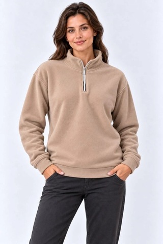 Tarzyeri Kadın Polar Dik Yaka Yarım Fermuarlı Uzun Kollu Regular Fit Kışlık Sweatshirt - Bej