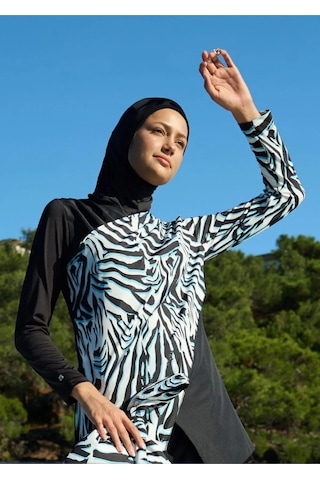 Mayovera Zebra Tek Mayo Üst Tasarım Tesettür Mayo Siyah
