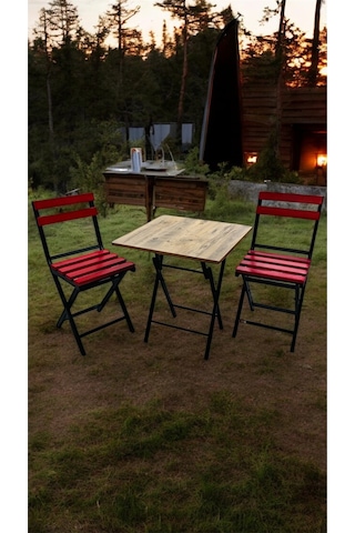 Balkon Bahçe Mutfak 3'lü Bistro Set Katlanır Masa Sandalye 60x60 Kırmızı