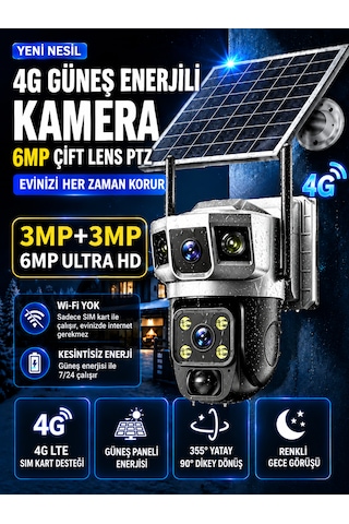 4g Sım Kartlı 6mp Solar Güvenlik Kamerası Çift Lens Ptz 360 Uzaktan İzleme Hareket Algılama Gece Görüşü Ip66 Dış Mekan Kamera