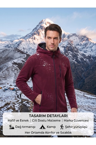Luxıc Core Erkek Kapüşonlu Bordo Polar 3 Cepli Fermuarlı Sıcak Tutan Kışlık Outdoor Hoodie Günlük Stilpro