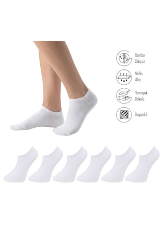 Lion Monroe Saf Bambu Erkek Sneaker Beyaz Çorap Dikişsiz Görünmez Bilekte Spor Çorap Premium 6'lı L5952aznb Softaura