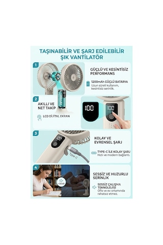 Şarjlı Standlı Güçlü El Fanı Masaüstü Mini Vantilatör 1200mah 5 Kademe Hız Ayarı Dijital Gös